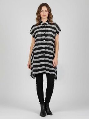 Damee Inc Black, Gray SemiSheer Striped Mesh Knit Cap Slv Button Up Tunic SZ S/M